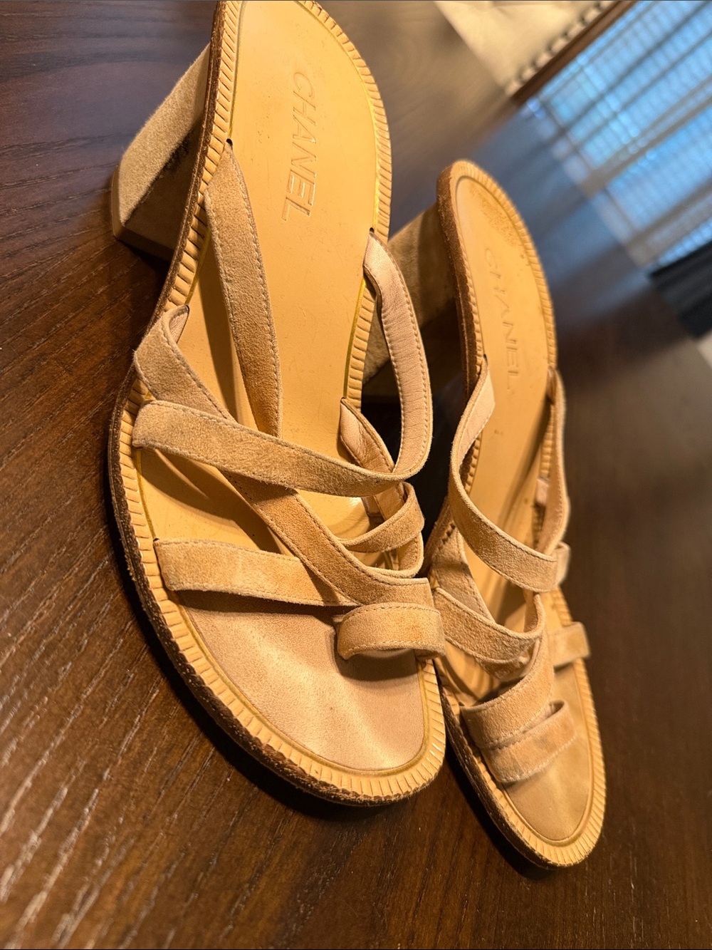 CHANEL Beige Suede Strappy Block-Heel Sandals